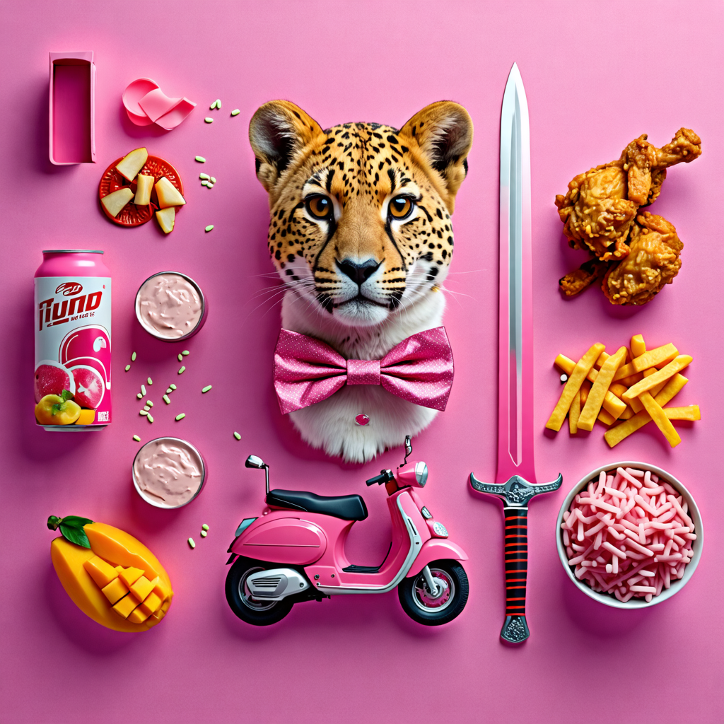 bowtie, sword, pink, cheetah, mango, fried chicken, rabbit, tape measure, motorcycle, box